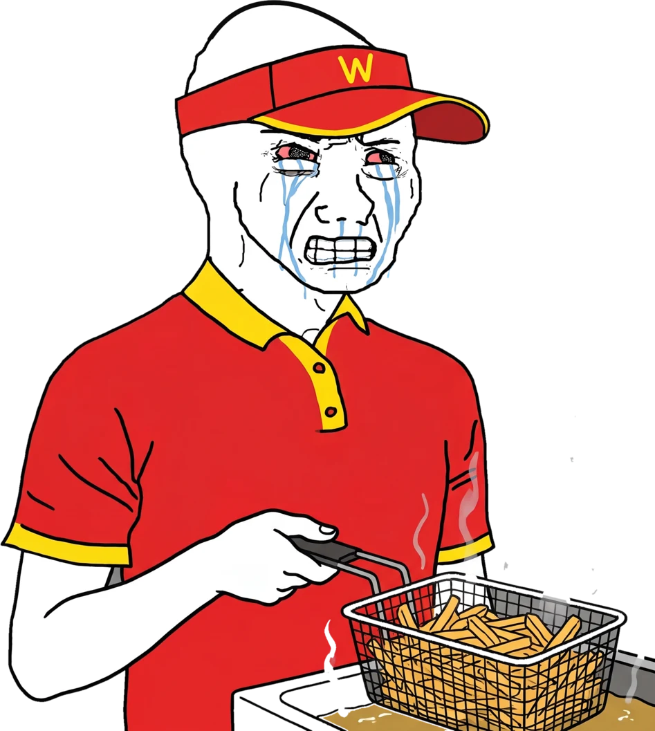 crying wojak lifting a fry basket