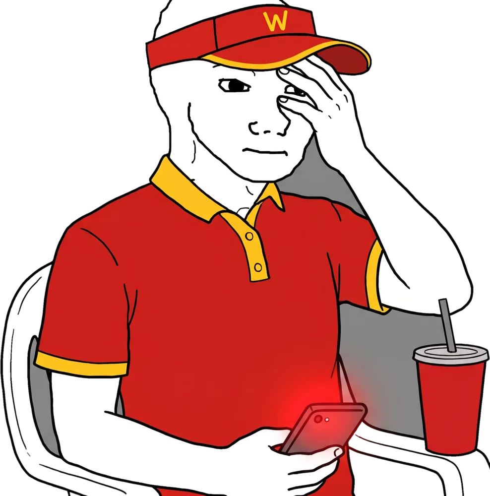 wojak in the break room staring at a red phone