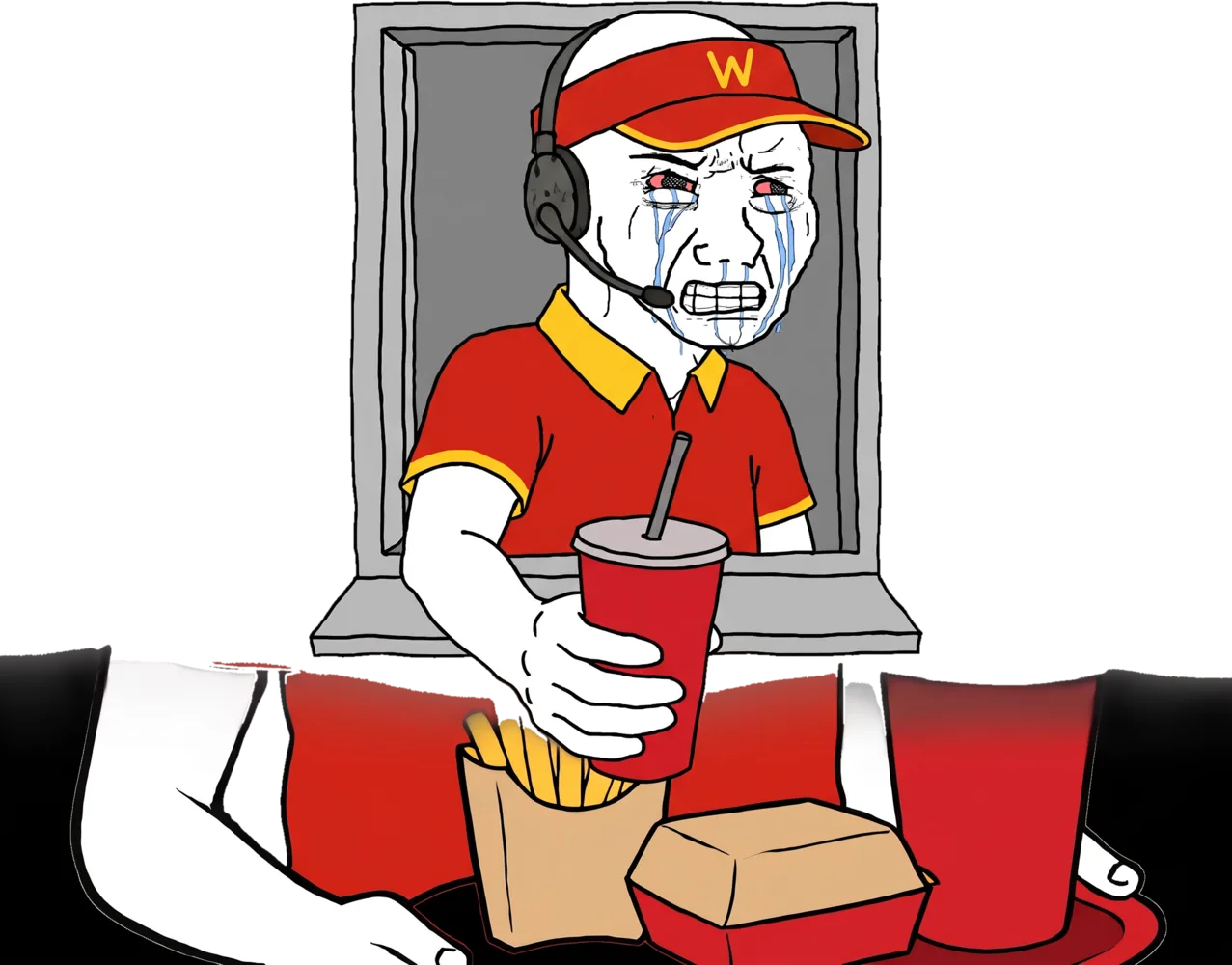 crying wojak at the drive-thru window