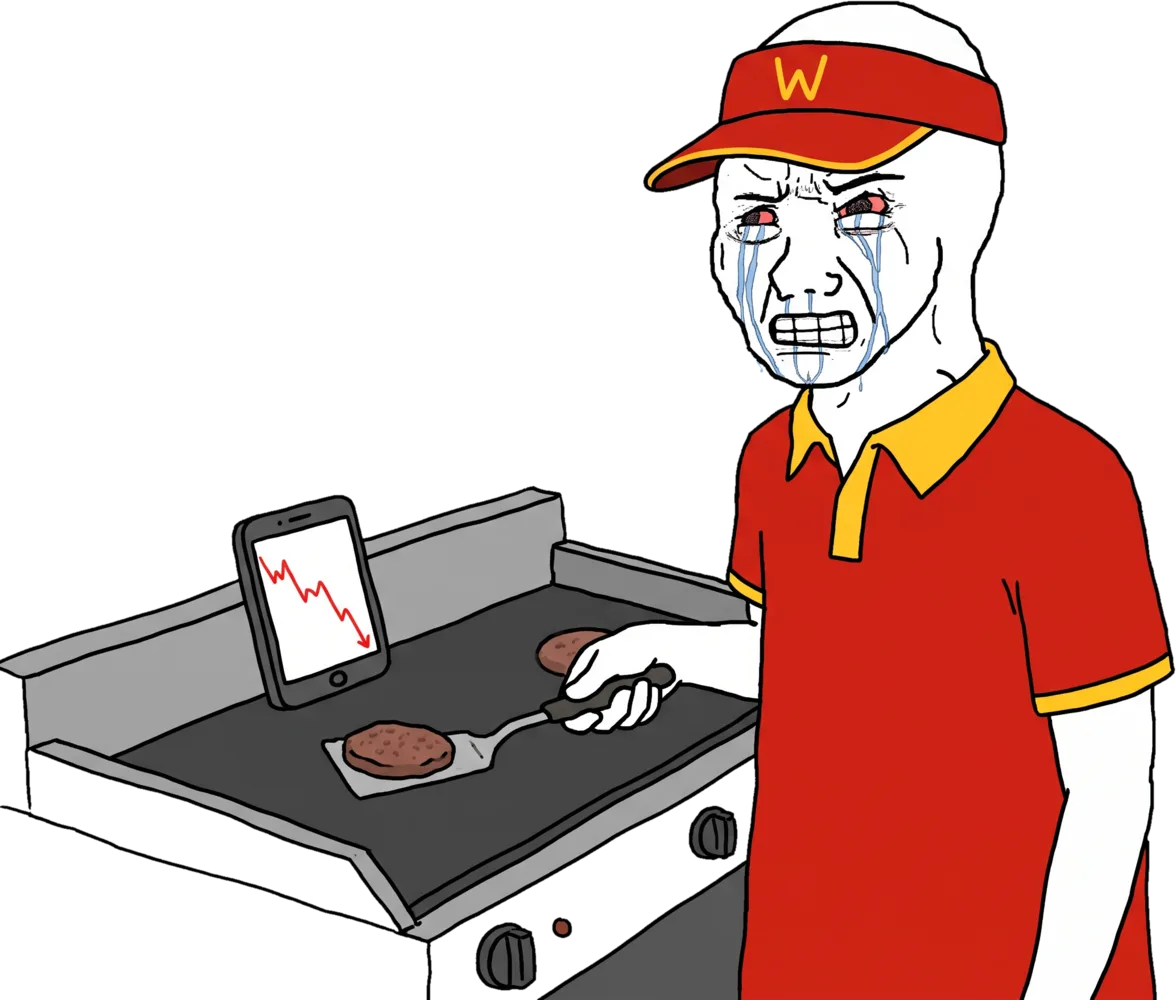 crying wojak at the grill, a red chart on his phone