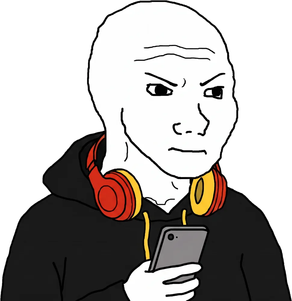 focused wojak in a hoodie with red headphones looking at his phone