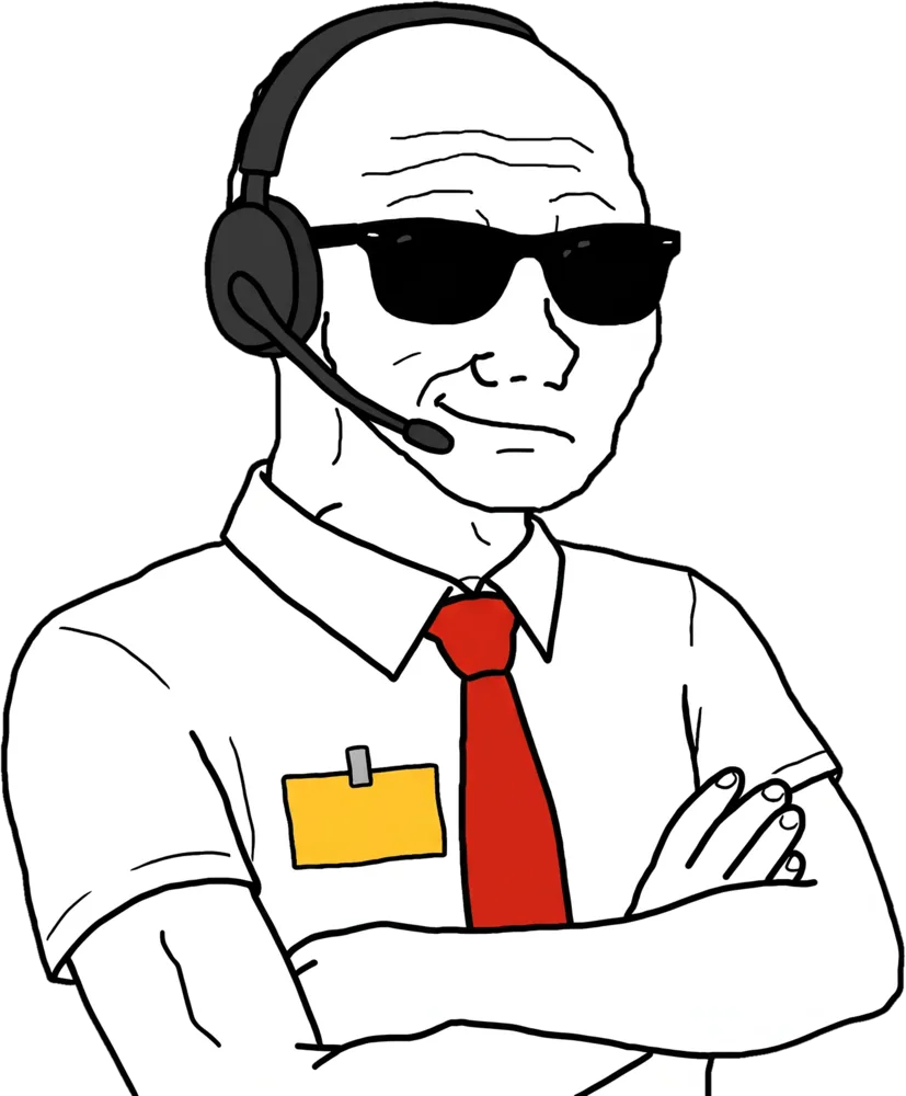 wojak manager in a red tie and headset