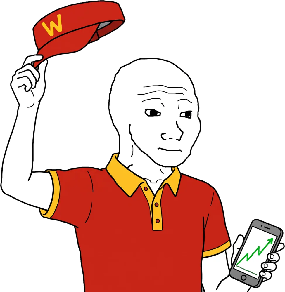 wojak tossing his red visor, a green chart on his phone