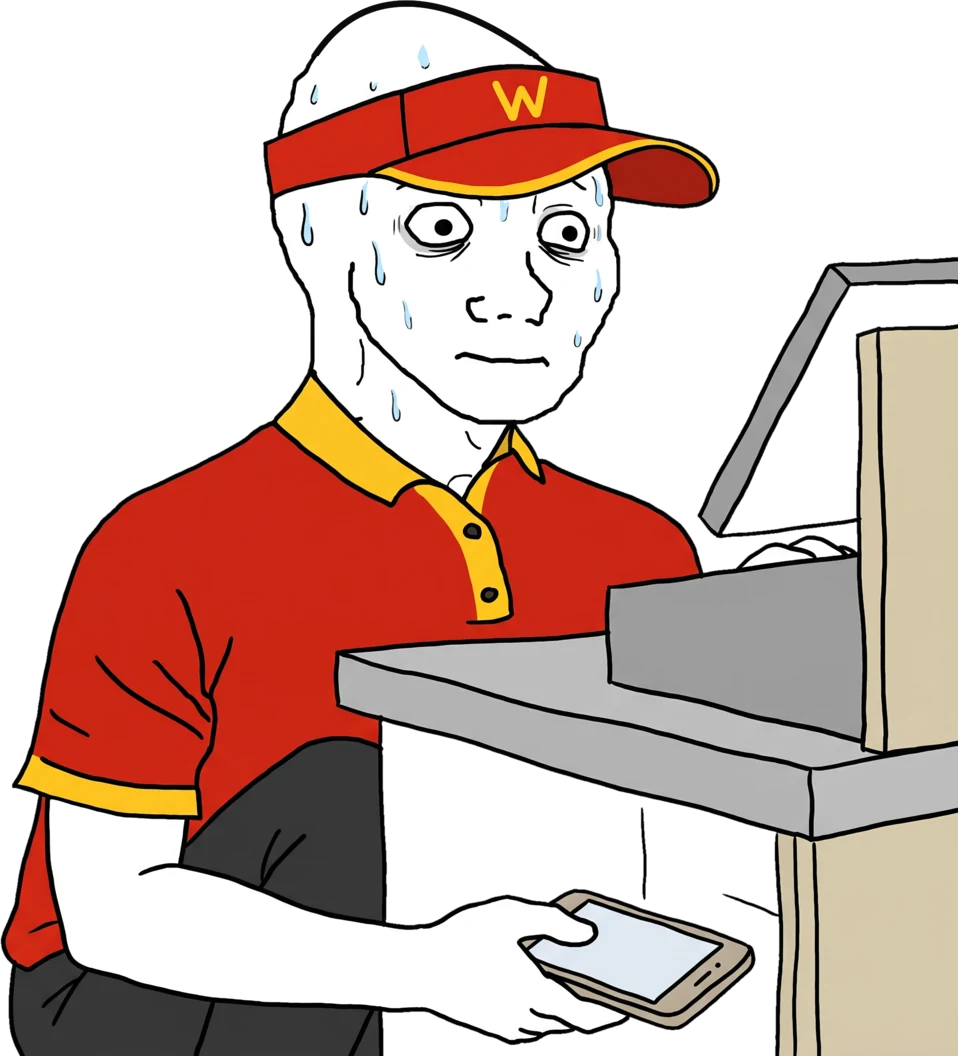 wojak checking charts under the counter