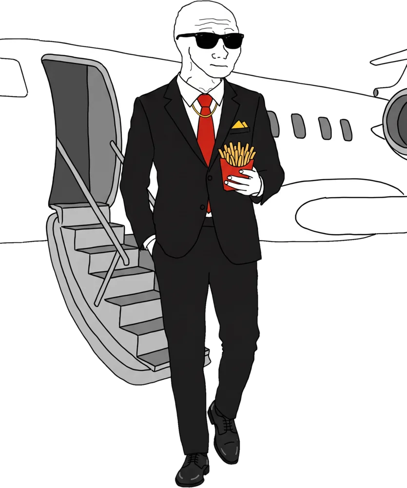 rich wojak on private jet stairs with fries